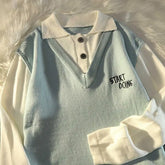 Voguable Japanese Fake Two Piece Kawaii Sweater Men Women Korean Style Loose College Couple Wear Casual Blouse Lazy Wind Knitted Jackets voguable