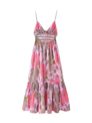 Voguable Women Fashion Printed Elastic Waist Backless Lace Up Midi Dress Vintage Thin Straps V-Neck Female Chic Lady Dresses voguable