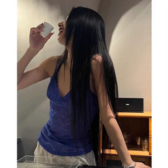 Lace V-neck Halter Top Women Hotsweet Hollowed-out Backless Slim Chic Vest Lace Transparent Spaghetti Strap Beach Coquette Camis voguable