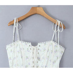 YENKYE Sexy Elegant Women Lace Trim Floral Print Sling Dresses Front Bandage Hem Slit A-line Midi Summer Dress Holiday Robe voguable