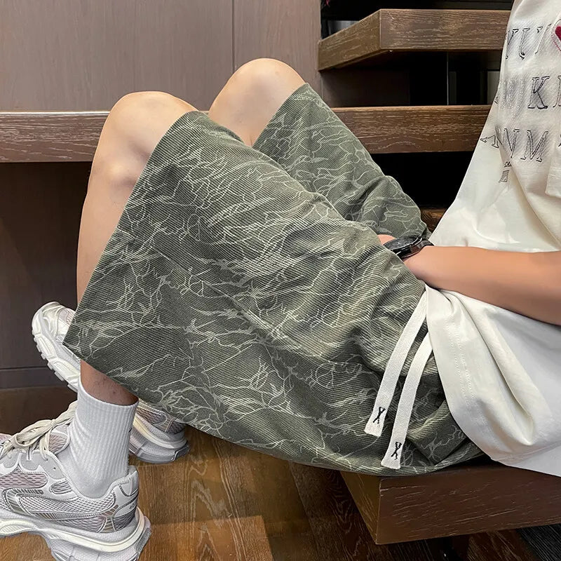 Mens Summer Casual Shorts Marble Pattern Elastic Waist Drawstring Breathable Stretch Comfort Outdoor Beach Lounge Wear Fashion voguable