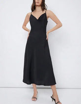 Voguable Summer New Women's Fashion Sexy Elegant V-neck Smooth Satin Party Strap Dress Long Skirt Women's Wear voguable
