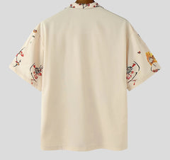 Men Shirt Flower Printing Summer Vacation Male Tops Streetwear Lapel Short Sleeve Loose Casual Men Clothing S-5XL voguable