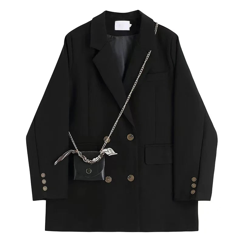 Black Fashion Suit Jacket Women Fashion Double-Breasted Office Ladies Outerwear Y2K Loose Korean Solid Preppy All-Match Coats voguable