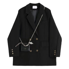 Black Fashion Suit Jacket Women Fashion Double-Breasted Office Ladies Outerwear Y2K Loose Korean Solid Preppy All-Match Coats voguable