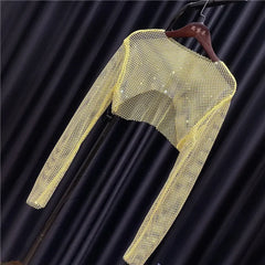 Sparkly Crystal T-shirts Women O-Neck Hollow Out Sexy See Through Tank Tops Night Partywear Crop Shirts Tee Y2K Tops 2022 voguable