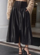 Voguable Autumn/Winter High Waist Black PU Leather Skirt Half Skirt Women's New Mid length Skirt Umbrella Skirt Half Skirt voguable