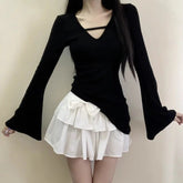 Voguable Long-sleeved T-shirt Women's Design Niche Pure Lust Style Slimming V-neck Bottoming Asymmetric Chic Hot Girl Top voguable