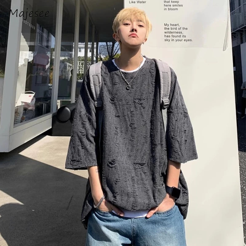 Harajuku T-Shirts Men Ripped Design Chic Korean Style High Street Half Sleeve Summer Fashion Solid Hip Hop Tees All-match Unisex voguable