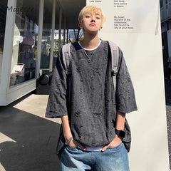 Harajuku T-Shirts Men Ripped Design Chic Korean Style High Street Half Sleeve Summer Fashion Solid Hip Hop Tees All-match Unisex voguable