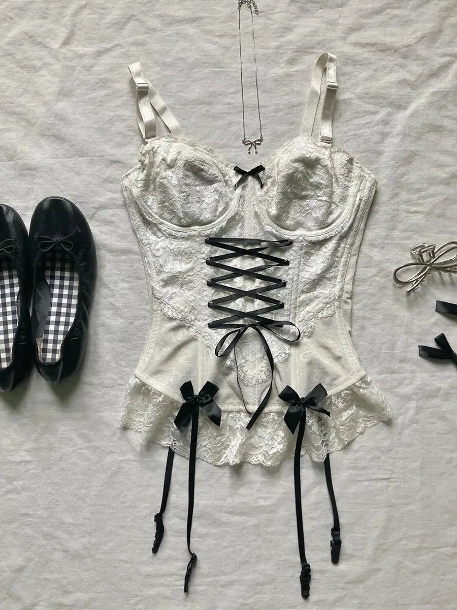 Y2k 2024 Summer Camis Women Clothes Sweet Girl Sling Streetwear Bow White Bandage Kawaii Slim Tops Sexys Harajuku Crop Tank Top voguable