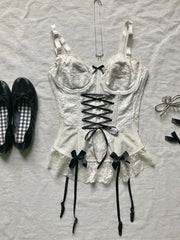 Y2k 2024 Summer Camis Women Clothes Sweet Girl Sling Streetwear Bow White Bandage Kawaii Slim Tops Sexys Harajuku Crop Tank Top voguable