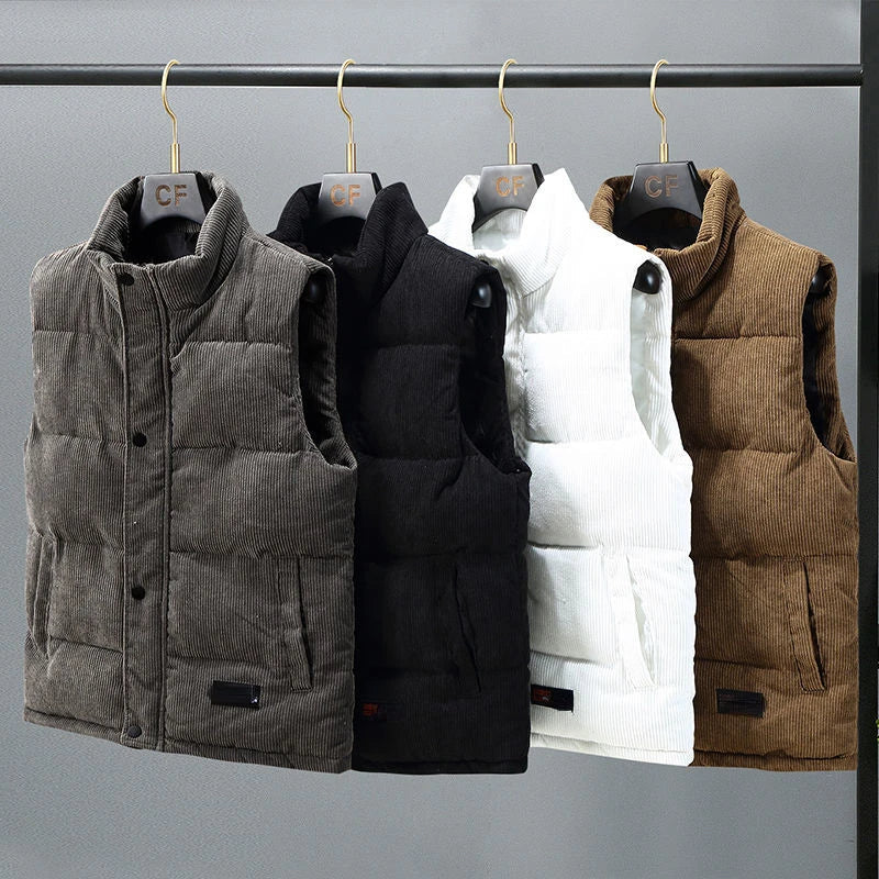 Vests Jacket Men Autumn Winter Stand Collar Warm Sleeveless Leisure Down Cotton-Padded Vest Coat Thickened Corduroy Warm Coat voguable
