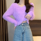 Fuzzy Knit Wrap Front Top Women Long Sleeve Criss-Cross Fluffy Sweater Fitted Crop Top Pullover Ladies Autumn Winter Y2K Outfit voguable