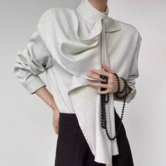 Voguable Men French Stand Collar Shirt Irregular Artistic Design Style Casual Loose Tops Fashion Trend Office Wear Streetwear Retro voguable