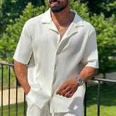 Fashion Mens Loose Two Piece Sets Spring Summer Casual Solid Color Ribbed Shirts And Pants Suits Men Streetwear Vintage Outfits voguable