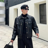 Voguable 2024 Trendy Metal Buckle Decorate Splicing Design Casual Leather Jacket Men's High Street Handsome Stylish PU Coat voguable