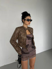 WOMENGAGA Stand Collar Jacket Leather Short Coat Women Autumn New Straight Tube Slim Short Motorcycle Jacket Korean Sweet D8FN voguable