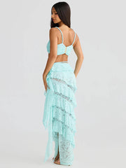 Summer Lace Sexy Two Piece Sets Women Fashion Strapless Crop Tops And Maxi Skirt Female Elegant Beach Party 2 Piece Set voguable