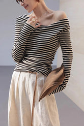 Voguable Women Tshirt Korean Style Sexy Off Shoulder Irregular Long Sleeve Stripe Trim Retro Classic Autumn Fashion Top voguable