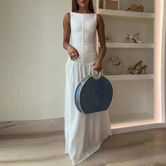 Dresses Spring Summer K-Style Skinny Fit Single Breasted Sleeveless Boat Neck Maxi Bodycon Casual Dresses For Women voguable