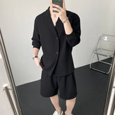 Voguable Summer Black/White Sets Men Fashion Long-sleeved Shirt Shorts Two-piece Men Korean Casual Loose Plaid Sets Mens Suit M-2XL voguable