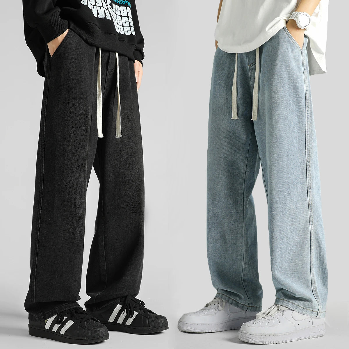 Streetwear Men's Clothing Jeans Loose Straight Casual Fashion Baggy Denim Trousers Solid Color New Korean Drawstring Men Pants voguable