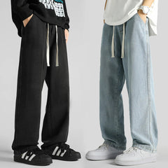 Streetwear Men's Clothing Jeans Loose Straight Casual Fashion Baggy Denim Trousers Solid Color New Korean Drawstring Men Pants voguable
