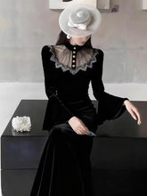 Voguable Women Black Chic Long Dress Elegant Stand Collar Flare Sleeve Slim Fit Dresses Autumn Winter Patchwork Button Fashion Vestidos voguable