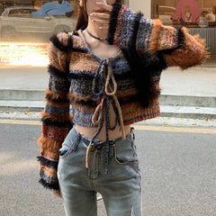 Voguable Autumn New Streetwear Lace Up Sexy Long-sleeved Cardigan Women + Contrast Color Striped Knit Sling Dress Two-piece Suit voguable