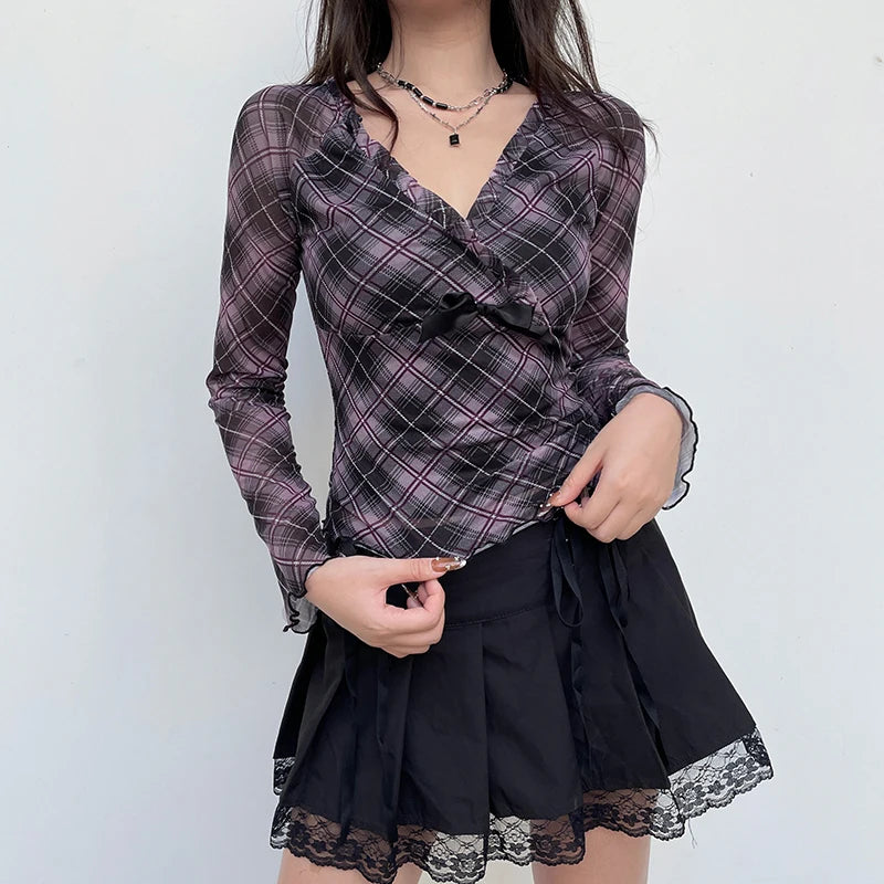 Voguable Y2K Plaid Double Layer Mesh Top Black Ruched V-neck T-shirts Fairy Grunge Long Sleeve Tops Vintage Sweet Bow Tees Fall voguable