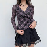 Voguable Y2K Plaid Double Layer Mesh Top Black Ruched V-neck T-shirts Fairy Grunge Long Sleeve Tops Vintage Sweet Bow Tees Fall voguable