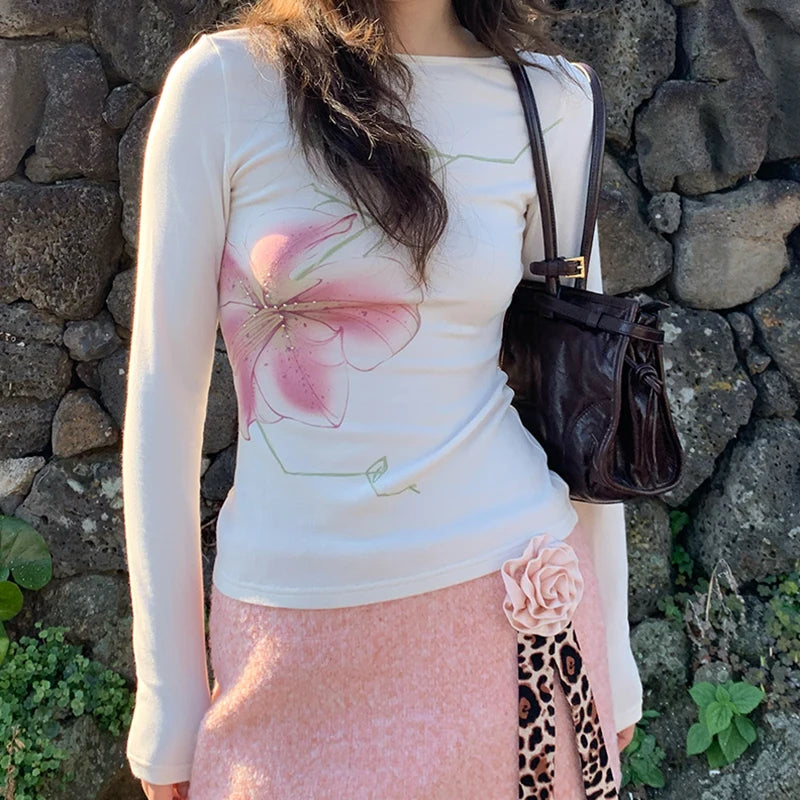 Fairy Coquette Top Women y2k Clothing Rhinestone Floral Print Round Neck Long Sleeve T Shirts 2000s Clothes Streetwear voguable