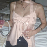Kawaii Bandage Lace Pink Camisole Women Sexy Sweet Patchwork Satin Crop Tops with Slit Summer y2k Vintage Tank Tops Cute voguable