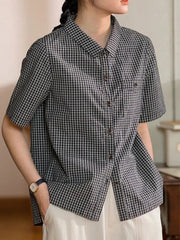 Japan Plaid Shirt Women Vintage Causal Short Sleeve Simple Blouse Preppy Style Retro Loose Female Summer Cute All Match Top voguable