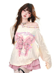 Streetwear Bufferfly T Shirt Women Loose Hollow Out Long Sleeve Vintage Tees American Sweet Casual Oversize Letter New Tops voguable