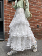 Voguable Elegant Long Multi Layer Mesh Skirt for Women Elastic Waist A-Line Summer Skirt Woman Sweet White Lace Patchwork Cake Skirts voguable