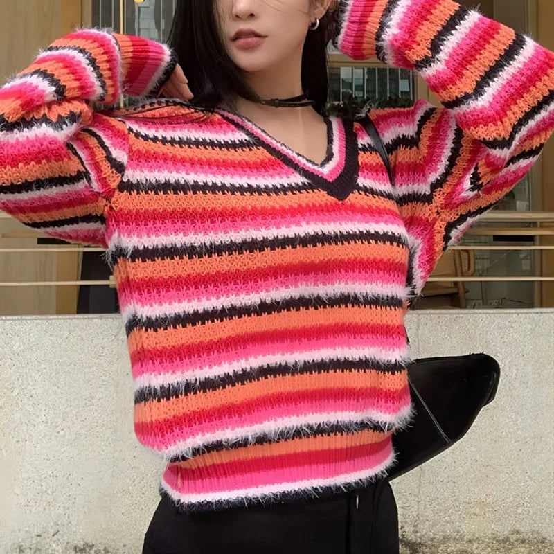 Multicolor Striped Pullover Women Sweater Soft Knitted V-Neck Long Sleeve Jumper Teen-girl Fall Winter 90s Y2K Outfit voguable