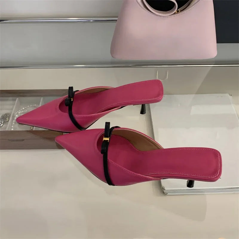 Voguable Spring Design Style Butterfly-knot Woman Slippers Fashion Low Thin Heels Pointed Toe Shallow Ladies Mules Shoes voguable