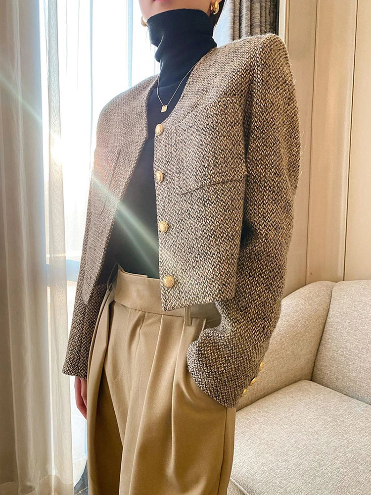 Voguable Jmprs Korean Tweed Jackets Women Elegant Simple Buttons Suit Coat Fashion Office Lady Long Sleeve Design Pockets O Neck Outwear voguable