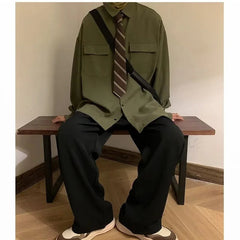 Autumn Green Black Shirt Men Fashion Social Mens Dress Shirt Korean Loose Long Sleeve Shirts Mens Pocket Tooling Shirt M-3XL voguable