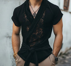 Men Shirt Lace Patchwork V Neck Short Sleeve Transparent Male Tops Streetwear Lace Up Sexy Shirts 2025 Men Clothing voguable