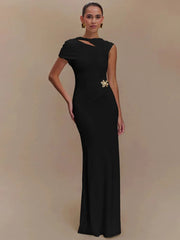 Hollow Out Backless Sexy Maxi Dress For Women Fashion Metal Buckle Solid Short Sleeve High Waist Slim Fit Long Dress voguable