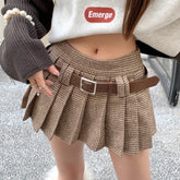 Y2K Low Rise Houndstooth Mini Skirt with Belt Woolen Pleated Mini Skirt Ladies Autumn Winter Outfit voguable