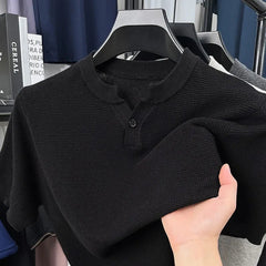 New Men Luxury Chinese O Collar T-Shirt Leisure Slim Button-down Solid Color Short Sleeve Tops Summer Breathable Basic Knitwear voguable