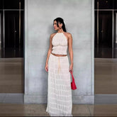 Fashion Solid Hang Neck Long Skirt Suit Women Backless Sling Top Lace Up Fold Maxi Skirts 2024 Spring Summer Female 2 Piece Set voguable