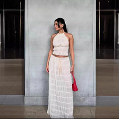 Fashion Solid Hang Neck Long Skirt Suit Women Backless Sling Top Lace Up Fold Maxi Skirts 2024 Spring Summer Female 2 Piece Set voguable