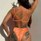 Voguable Sexy Orange Leopard Print Patchwork One Piece Swimsuit Women Ring Linked Hollow Out Cross Backless Swimwear Bathing Suits voguable