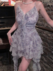 Voguable Vintage Sweet Party Mini Dress Women Ruffles YK2 Floral Print Korean Fashion Designer Sexy Strap Dress Summer New Female voguable