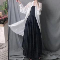 White Camis Dress Women Summer Korean Elegant Irregular Black Long Beach Dress Vintage Loose Solid All Match A Line Dress voguable